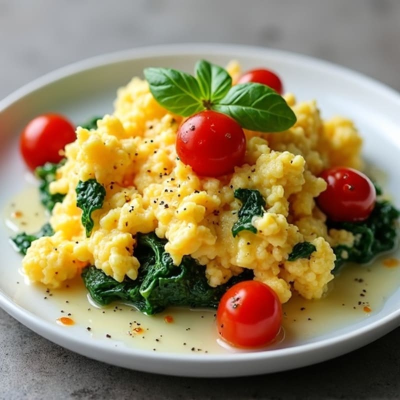 Fluffy Scrambled Eggs with Sautéed Spinach and Cherry Tomatoes