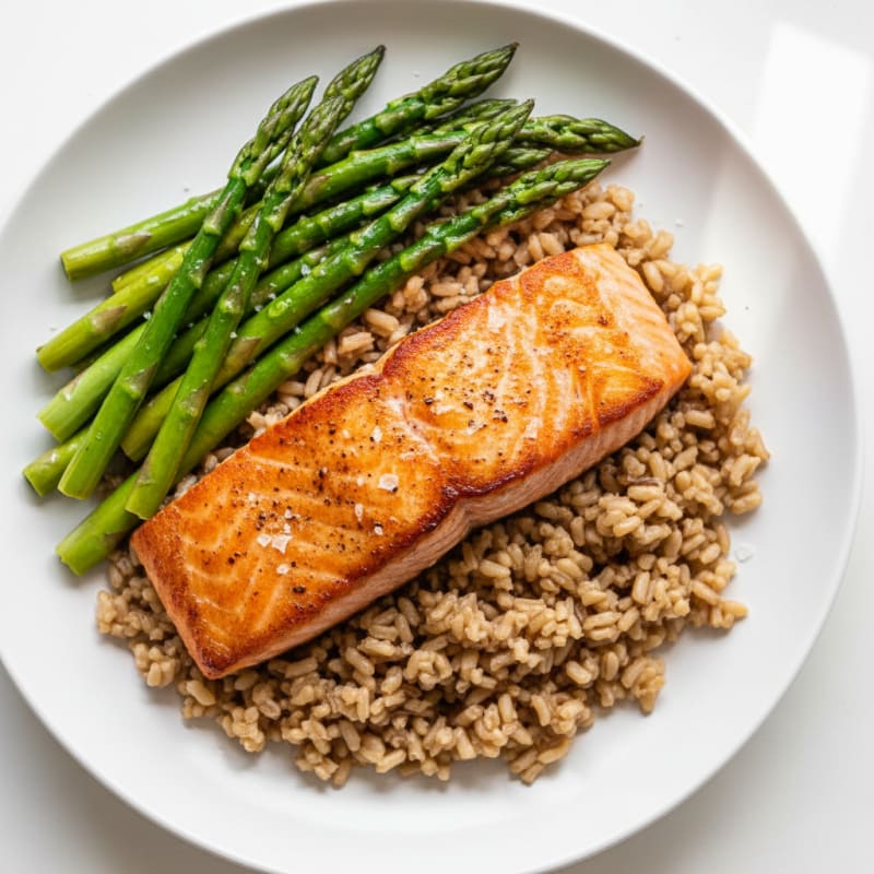 Seared Salmon with Steamed Asparagus and Brown Rice