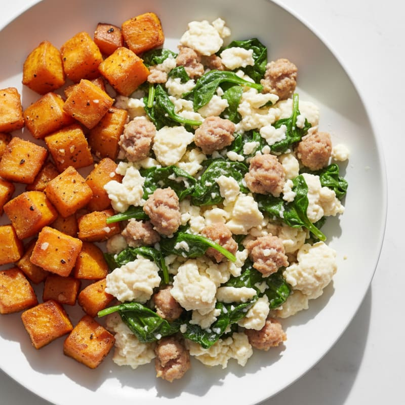 Egg White and Turkey Sausage Scramble with Spinach and Roasted Sweet Potato