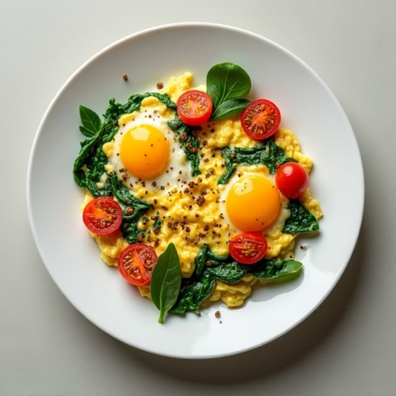 Creamy Scrambled Eggs with Fresh Spinach and Roasted Cherry Tomatoes