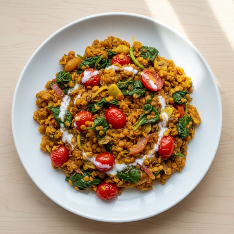 Creamy Lentil Scramble with Sautéed Spinach and Tomatoes
