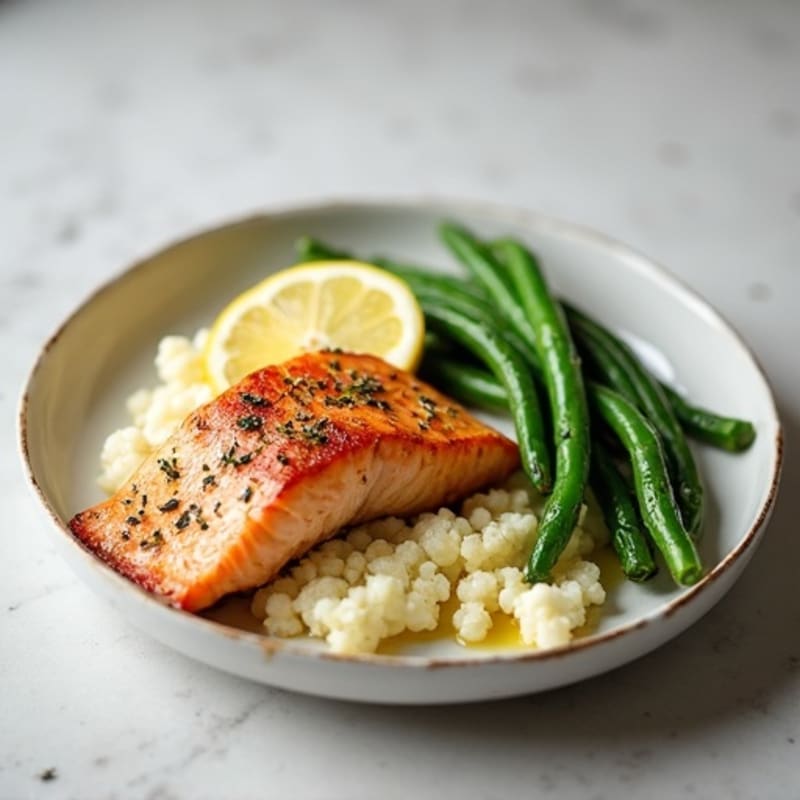 Seared Salmon with Garlic Green Beans and Cauliflower Mash