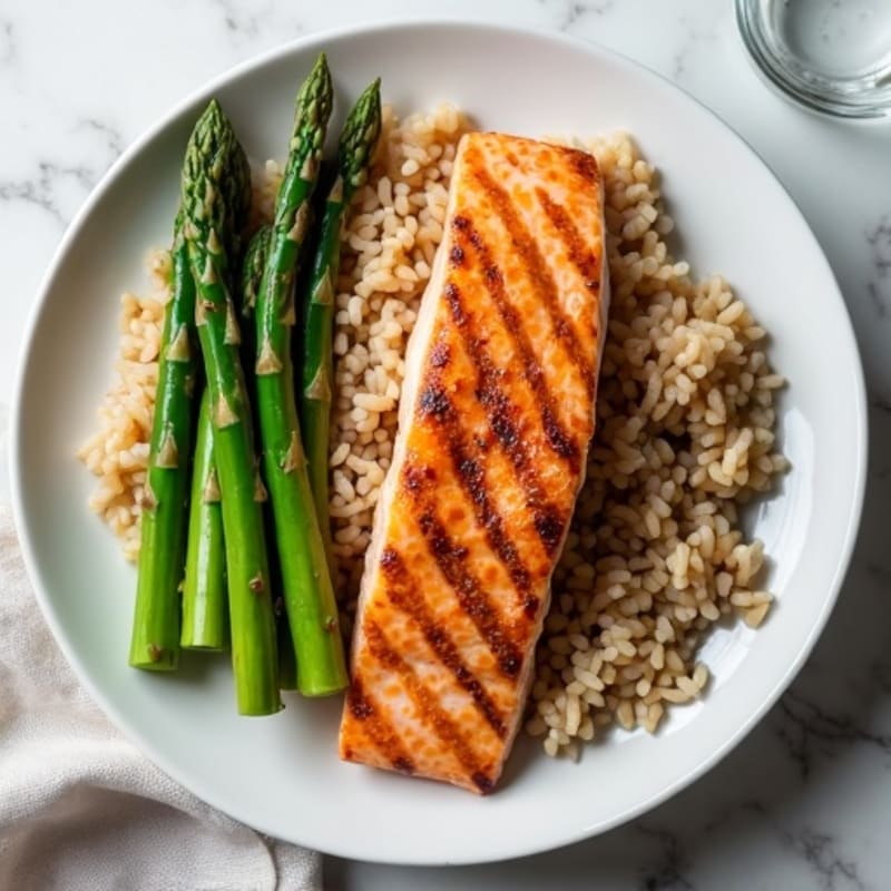 Seared Salmon Fillet with Steamed Asparagus and Brown Rice
