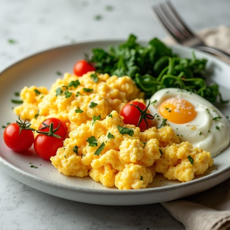Fluffy Scrambled Eggs with Sautéed Spinach and Cherry Tomatoes