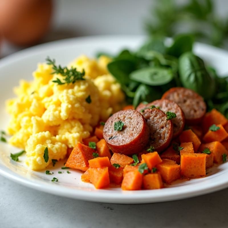 Herb Scrambled Eggs with Roasted Sweet Potato Hash