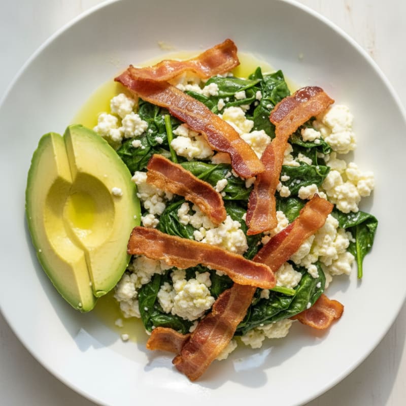 Cottage Cheese Egg White Scramble with Spinach and Turkey Bacon