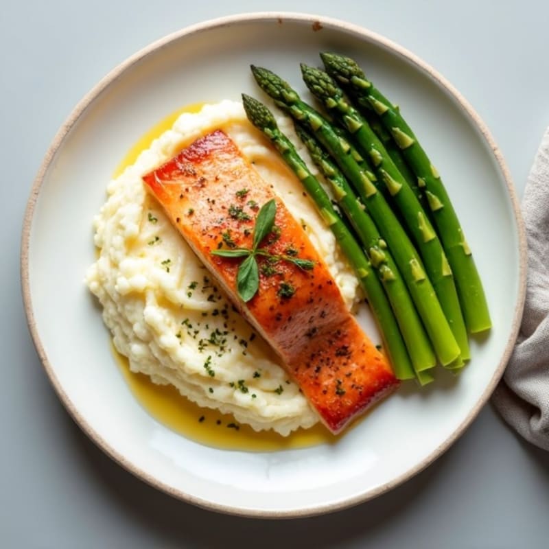 Seared Salmon with Steamed Asparagus and Cauliflower Mash