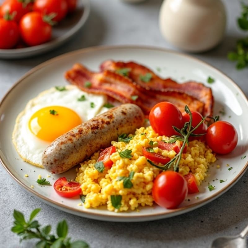 Hearty Egg and Sausage Scramble with Cherry Tomatoes, Crispy Turkey Bacon, and Fresh Fruit Medley