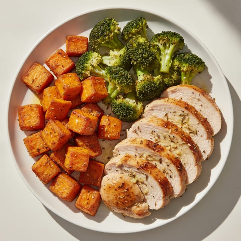 Seared Turkey Breast with Roasted Sweet Potato and Steamed Broccoli