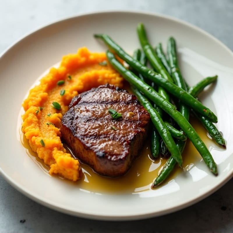 Seared Sirloin Steak with Garlic Green Beans and Sweet Potato Mash