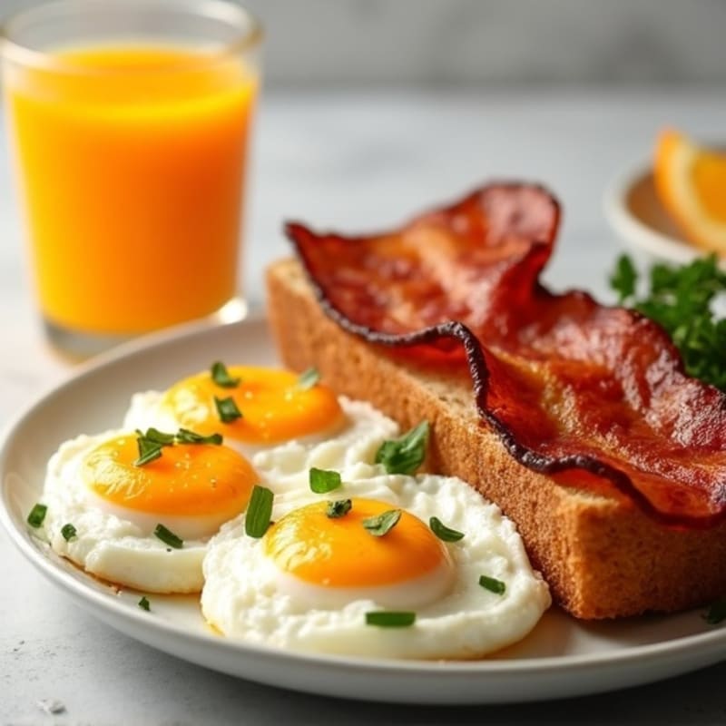Hard-Boiled Eggs with Crispy Bacon, Whole-Grain Toast, and Fresh Orange Juice