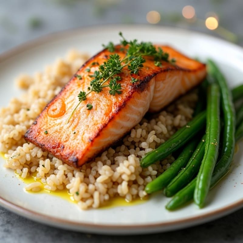 Seared Salmon Fillet with Garlic Green Beans and Brown Rice