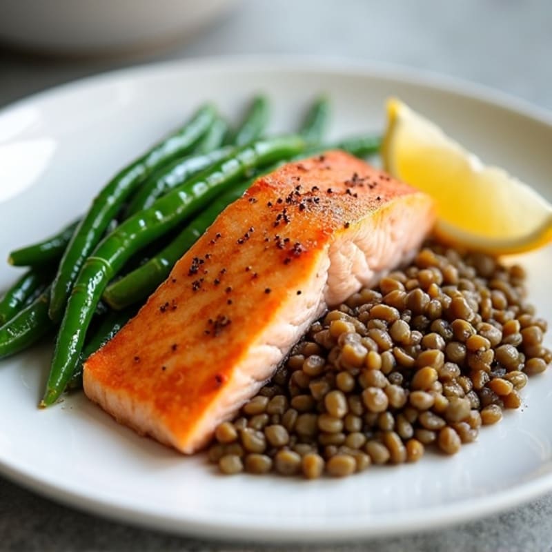 Seared Salmon Fillet with Steamed Green Beans and Lentils