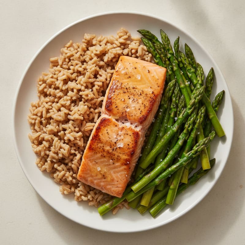 Seared Salmon with Steamed Asparagus and Brown Rice