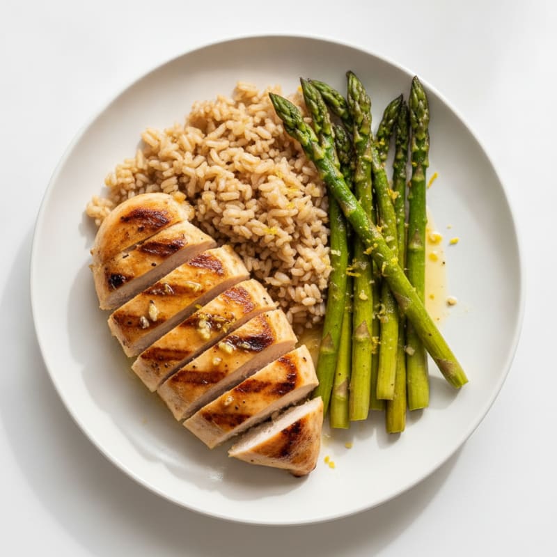 Grilled Chicken Breast with Brown Rice and Roasted Asparagus