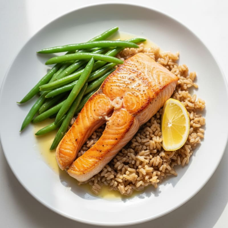 Seared Salmon Fillet with Steamed Green Beans and Brown Rice
