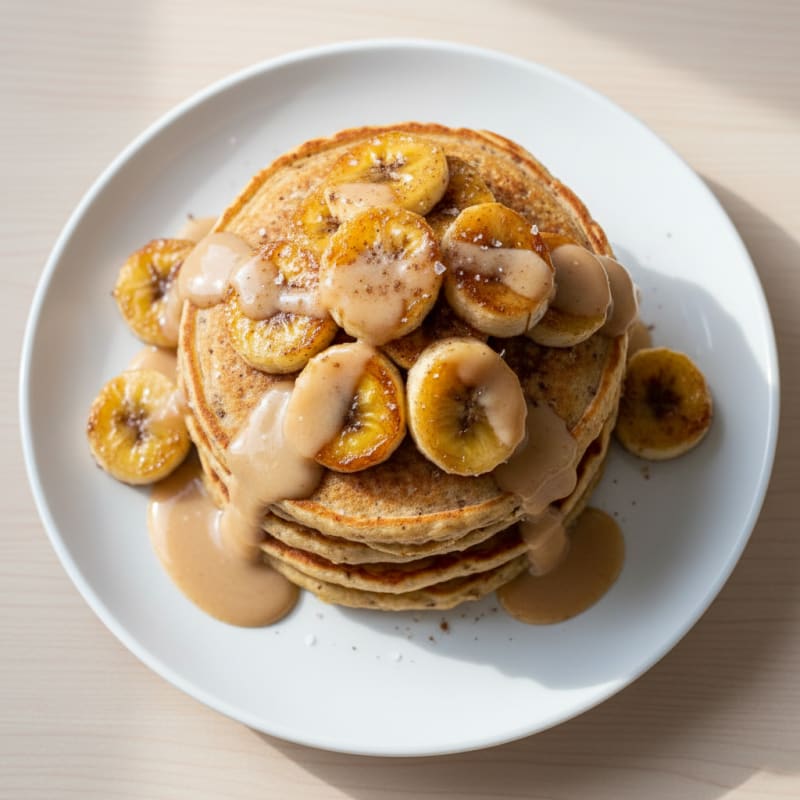 Caramelized Banana Pancakes with Creamy Maple Drizzle