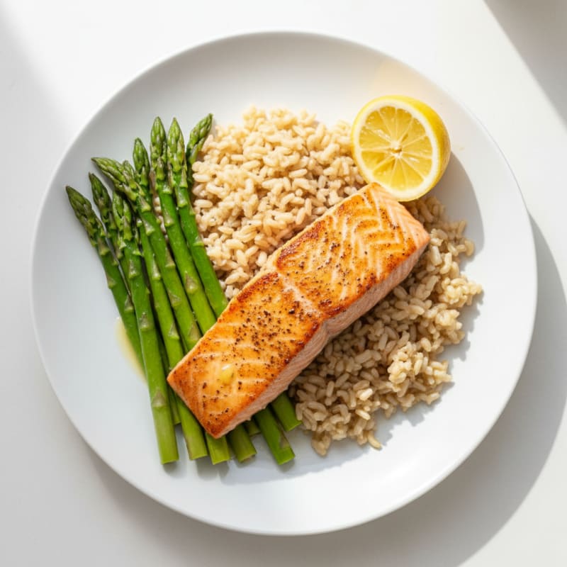 Seared Salmon Fillet with Steamed Asparagus and Brown Rice