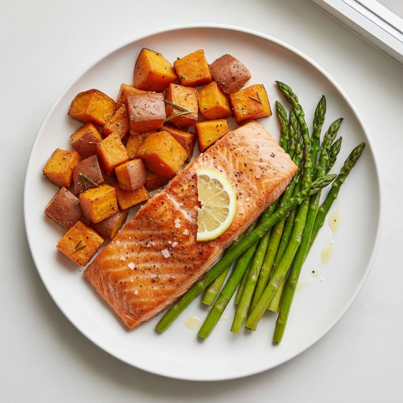 Seared Salmon Fillet with Herb-Roasted Sweet Potatoes and Steamed Asparagus