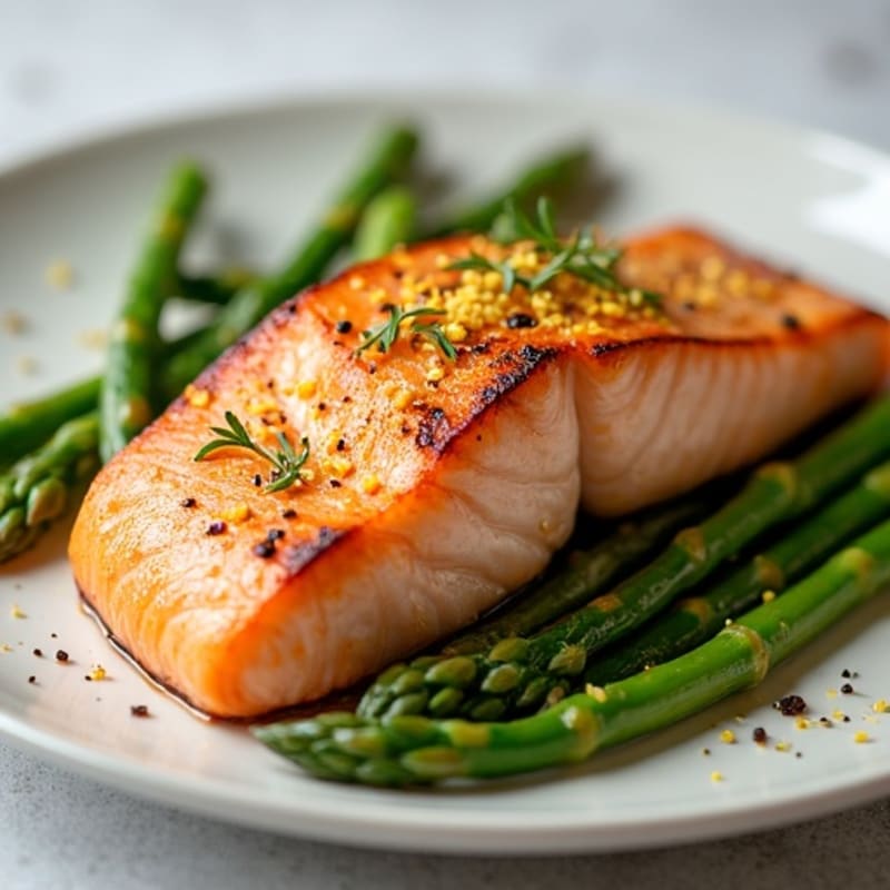 Seared Salmon Fillet with Steamed Asparagus and Lemon Zest
