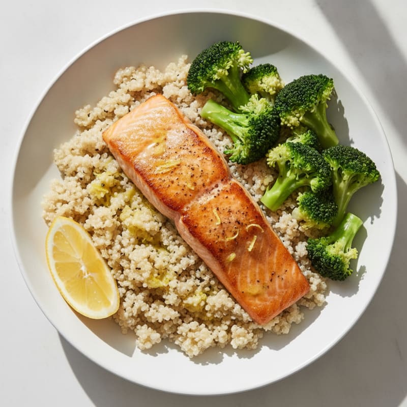 Pan Seared Salmon with Steamed Broccoli and Quinoa
