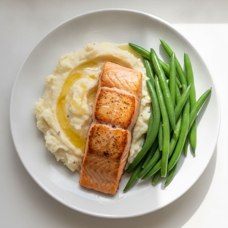 Seared Salmon with Garlic Mashed Potatoes and Steamed Green Beans