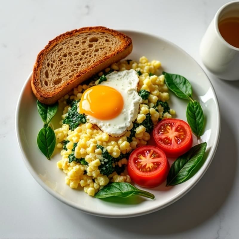 Egg White Spinach Scramble with Cottage Cheese and Sliced Tomatoes
