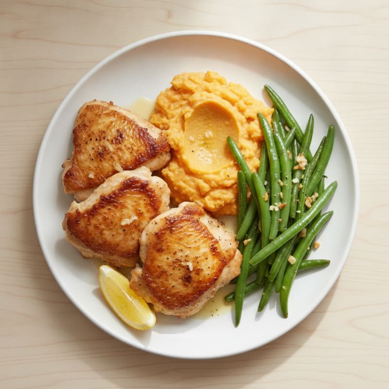 Seared Chicken Thighs with Garlic Green Beans and Sweet Potato Mash
