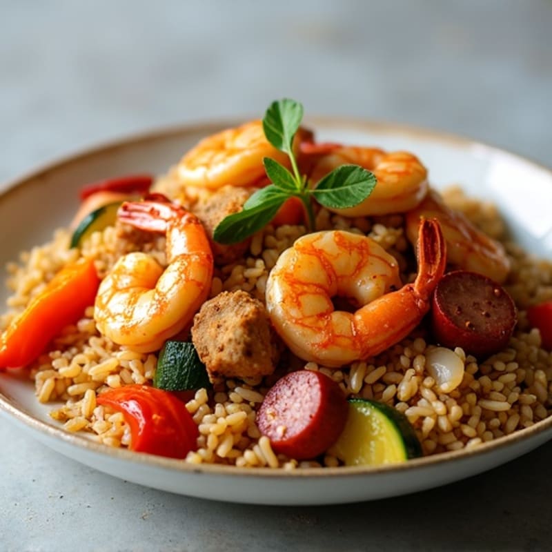 Spicy One-Pan Chicken, Shrimp, and Sausage with Brown Rice and Vegetables