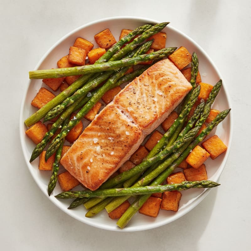 Seared Salmon Fillet with Roasted Asparagus and Sweet Potato