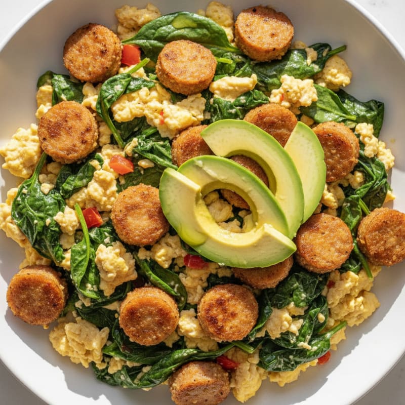 Crispy Chicken Sausage and Spinach Egg Scramble