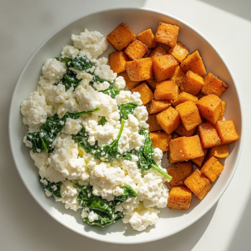 Cottage Cheese Egg White Scramble with Spinach and Roasted Sweet Potato