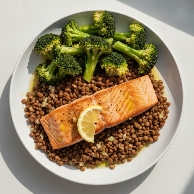 Seared Salmon with Steamed Broccoli and Garlic Lentils