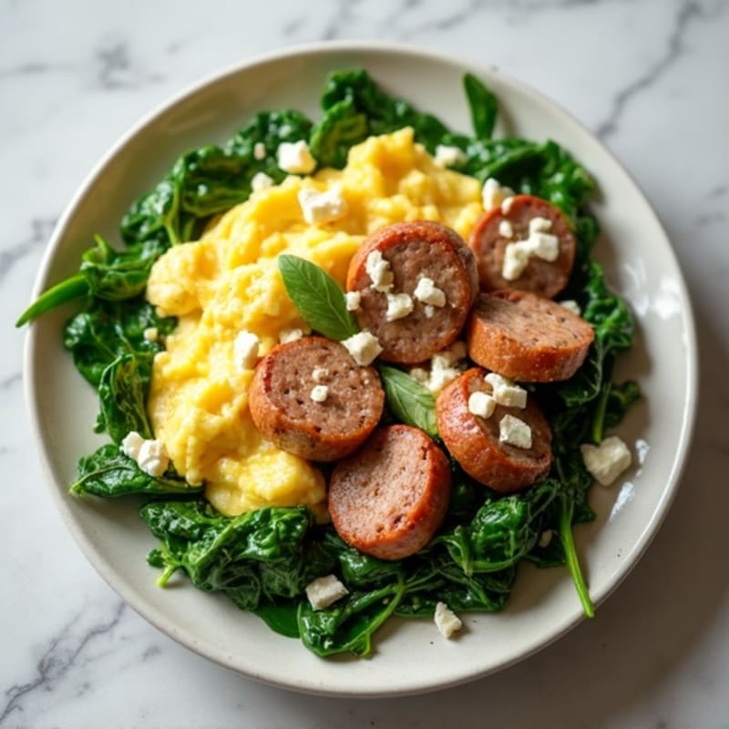 Egg White and Turkey Sausage Scramble with Sautéed Spinach