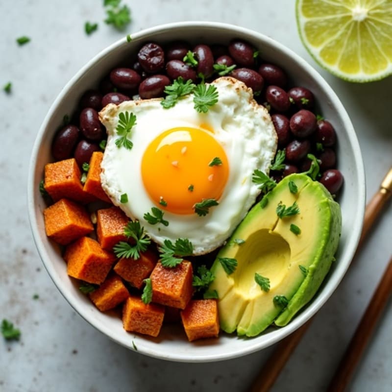 Roasted Sweet Potato and Black Bean Bowl with Creamy Avocado Dressing