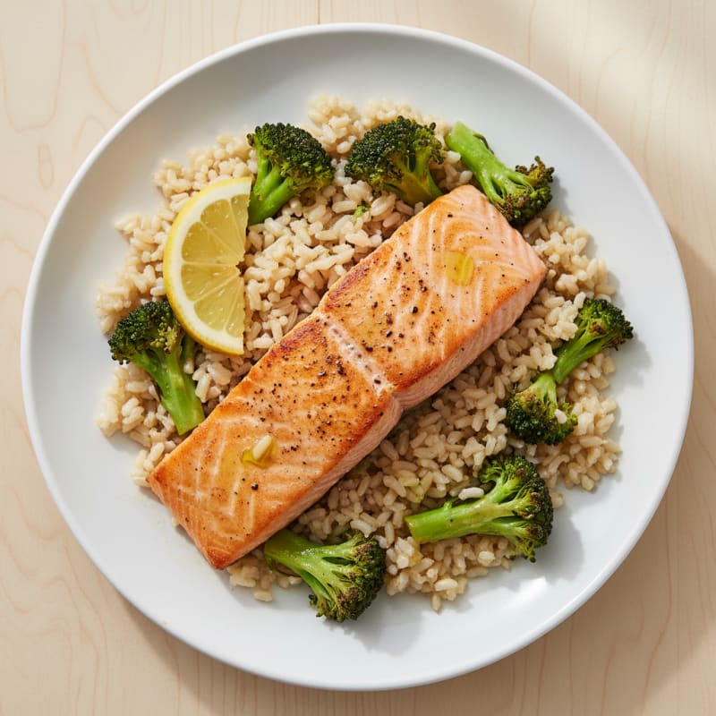 Seared Salmon with Steamed Broccoli and Brown Rice