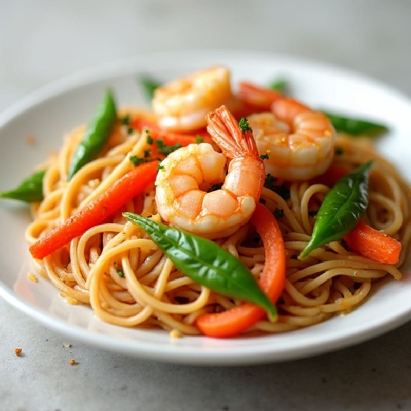 Tender Shrimp with Creamy Peanut Noodles and Crispy Vegetables