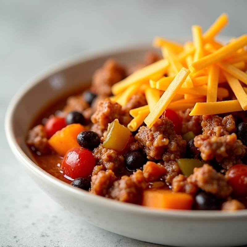 Lean Ground Turkey Chili with Roasted Sweet Potatoes and Sharp Cheddar