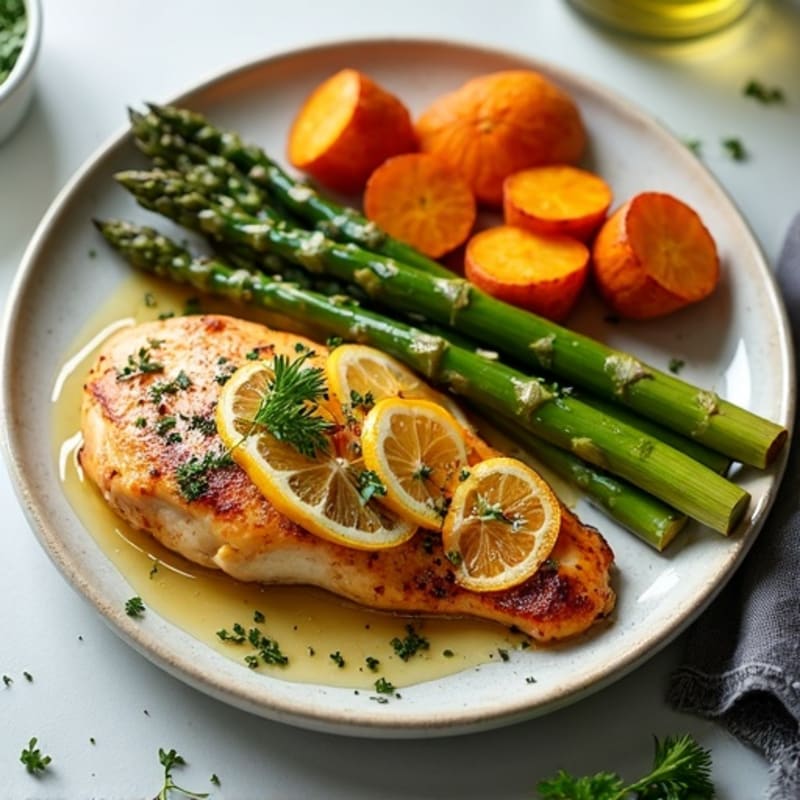 Crispy Sheet Pan Lemon-Herb Chicken with Roasted Asparagus and Sweet Potatoes