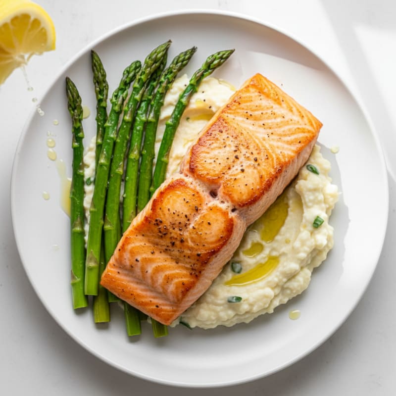 Seared Salmon with Roasted Asparagus and Cauliflower Mash