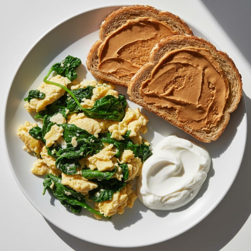Egg and Spinach Scramble with Greek Yogurt and Peanut Butter Toast