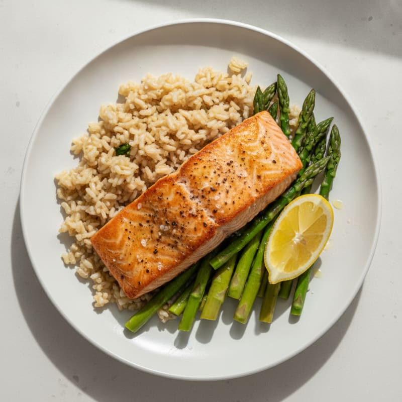 Seared Salmon Fillet with Steamed Asparagus and Brown Rice