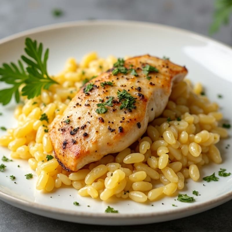 Creamy Lemon Garlic Orzo with Pan-Seared Chicken