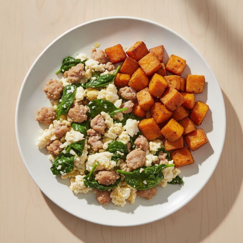 Egg White and Turkey Sausage Scramble with Spinach and Roasted Sweet Potato
