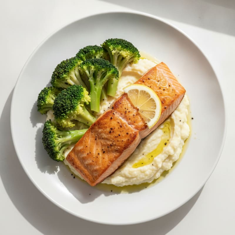 Seared Salmon Fillet with Steamed Broccoli and Garlic Cauliflower Mash