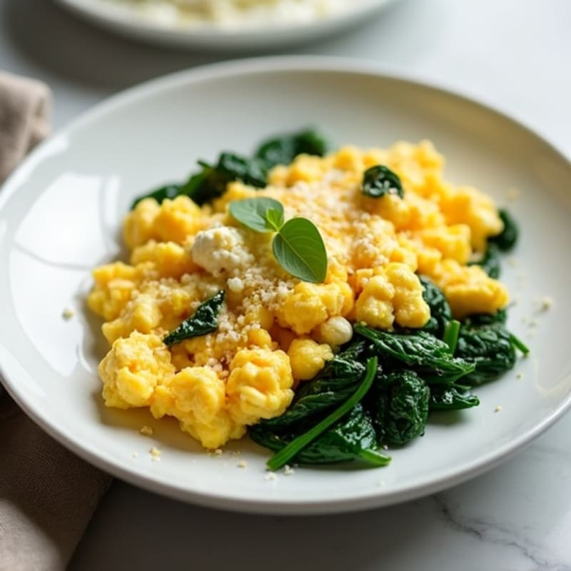 Scrambled Eggs with Cottage Cheese and Sautéed Spinach
