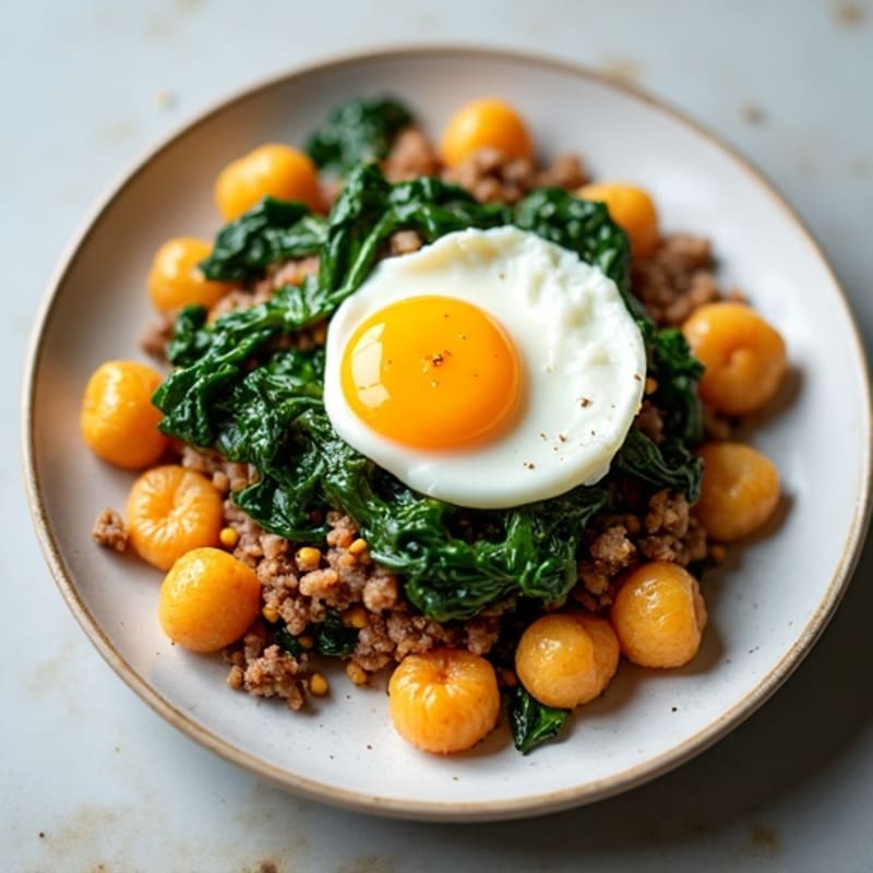 Pan-Seared Sweet Potato Gnocchi with Lean Ground Turkey and Garlicky Greens