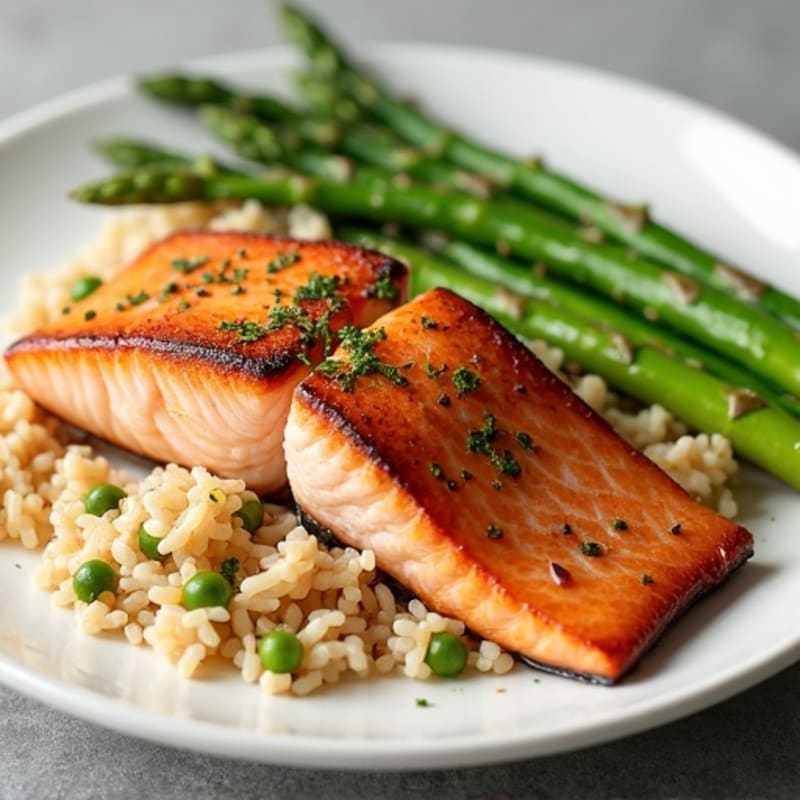 Seared Salmon with Steamed Asparagus and Brown Rice