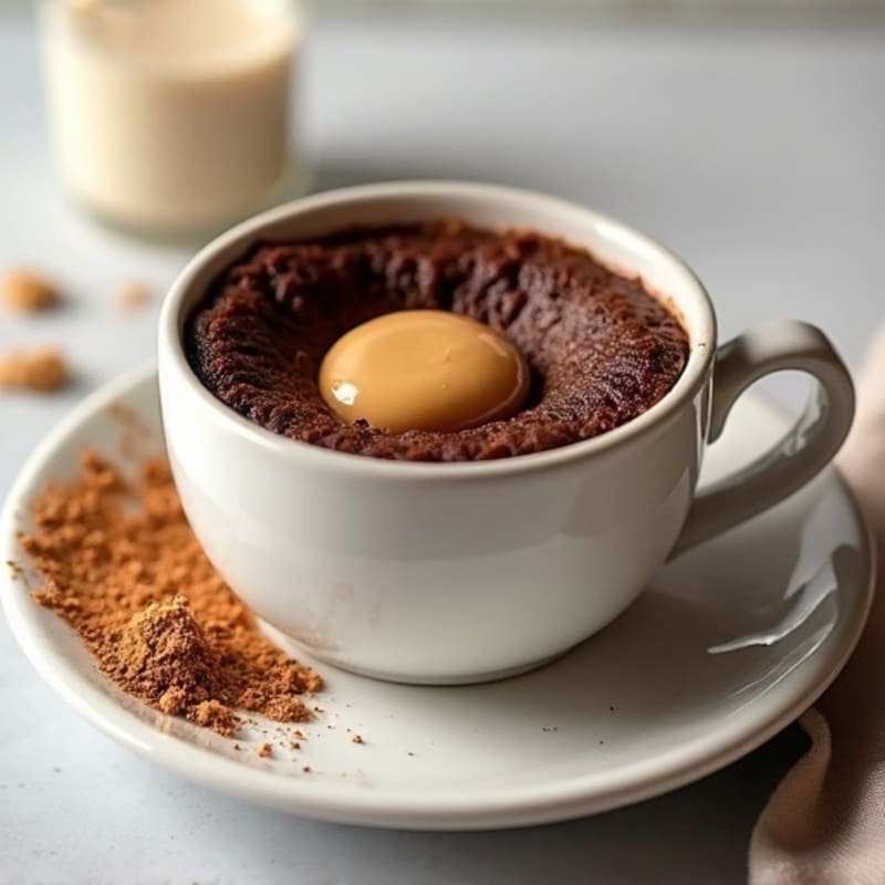 Warm Chocolate Protein Mug Cake with Molten Peanut Butter Core