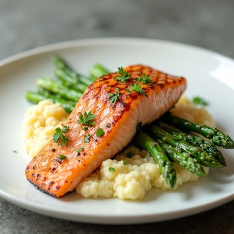 Seared Salmon with Steamed Asparagus and Cauliflower Mash